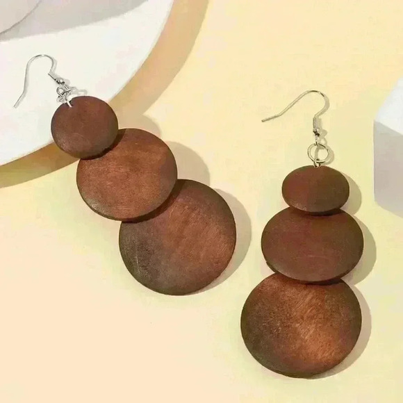 3-Circle Wooden Dangle Earrings - Picture 1 of 3